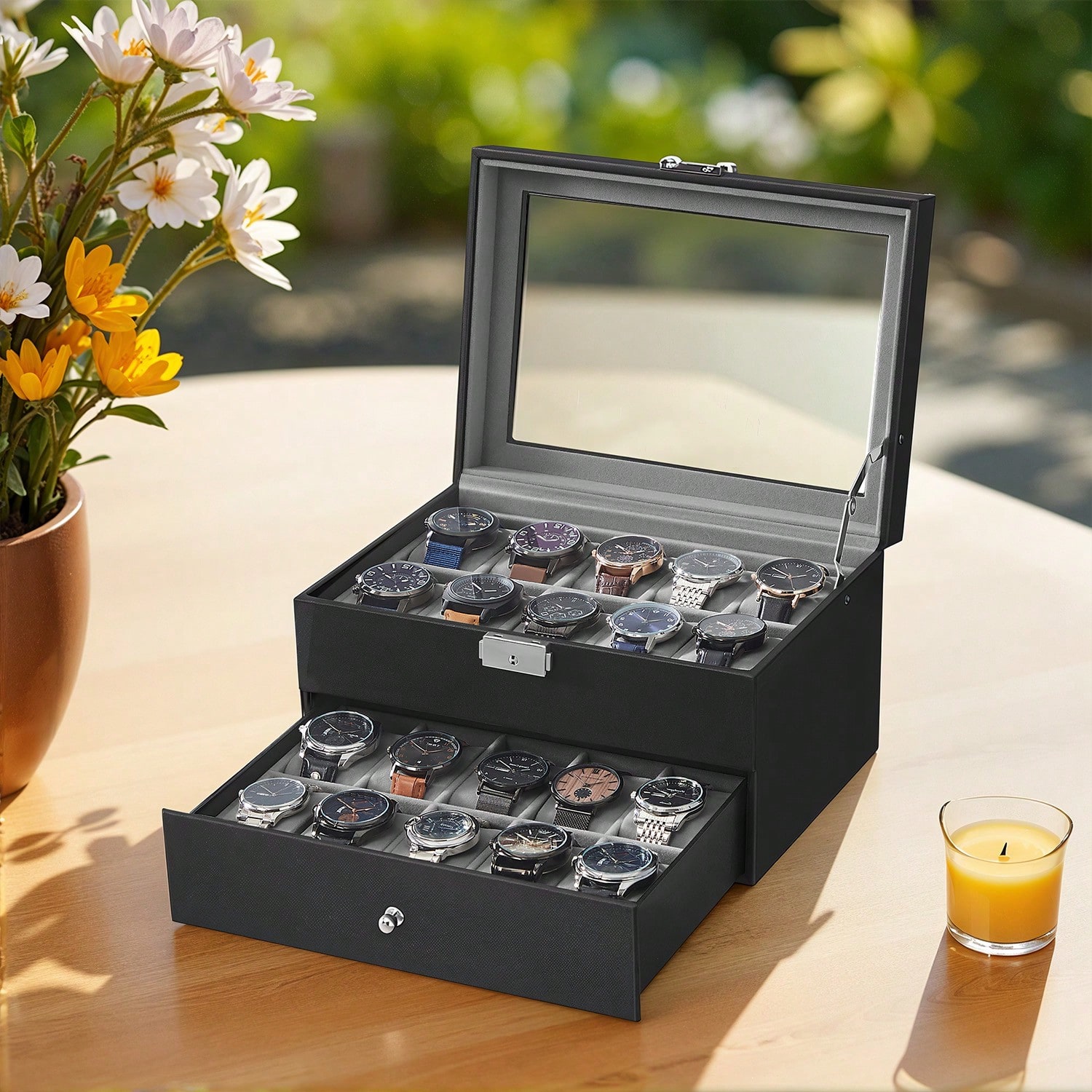 Jewelry Watches For Men - 20-Fächer Uhrenbox mit Glasdeckel & Schloss,