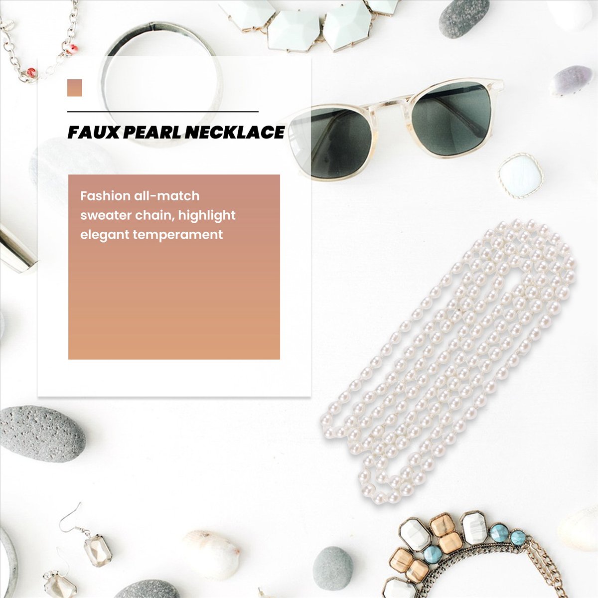 Pearl Necklace - ABQR Lange Pulloverkette mit Kunstperle, Weiß