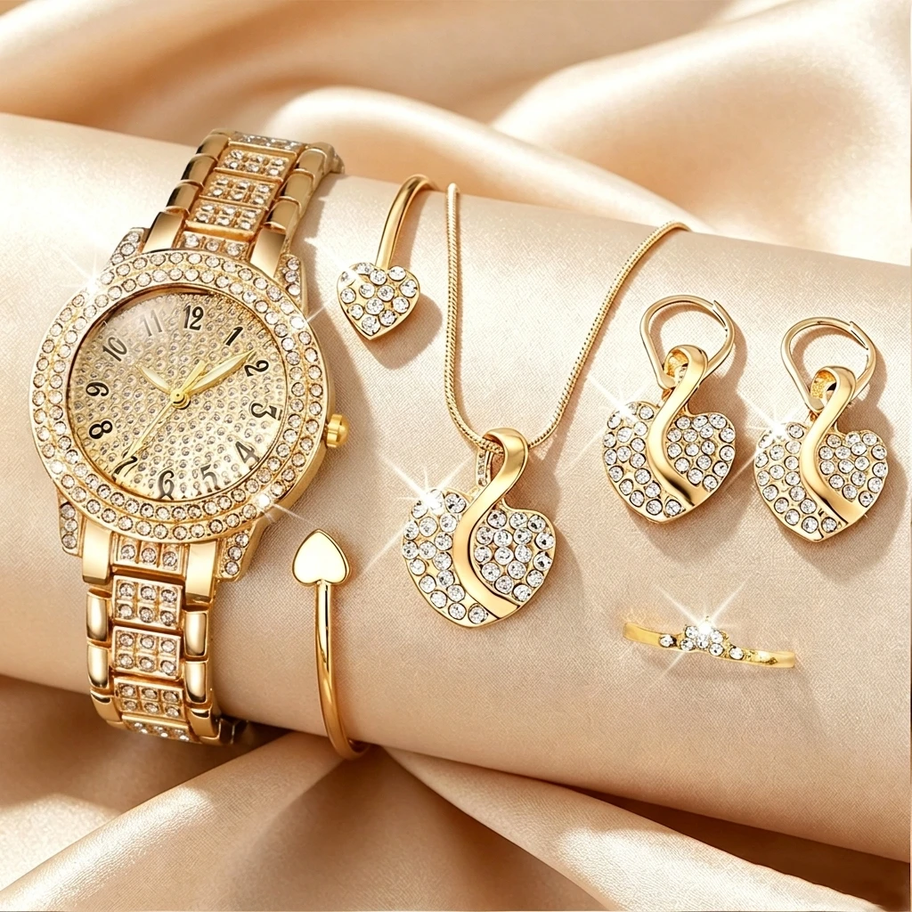 Jewelry Watches For Ladies - 6-teiliges Modisches Strass-Uhrenset für Damen Herz-Schmuckset
