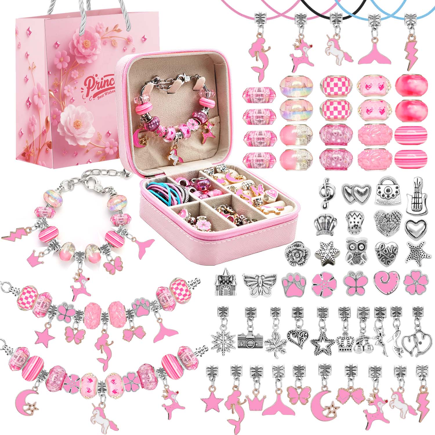 Fine Jewelry & Watches Photos - 68-teiliges rosa Perlen-Schmuckset, Charm-Armband-Bastelset mit rosa