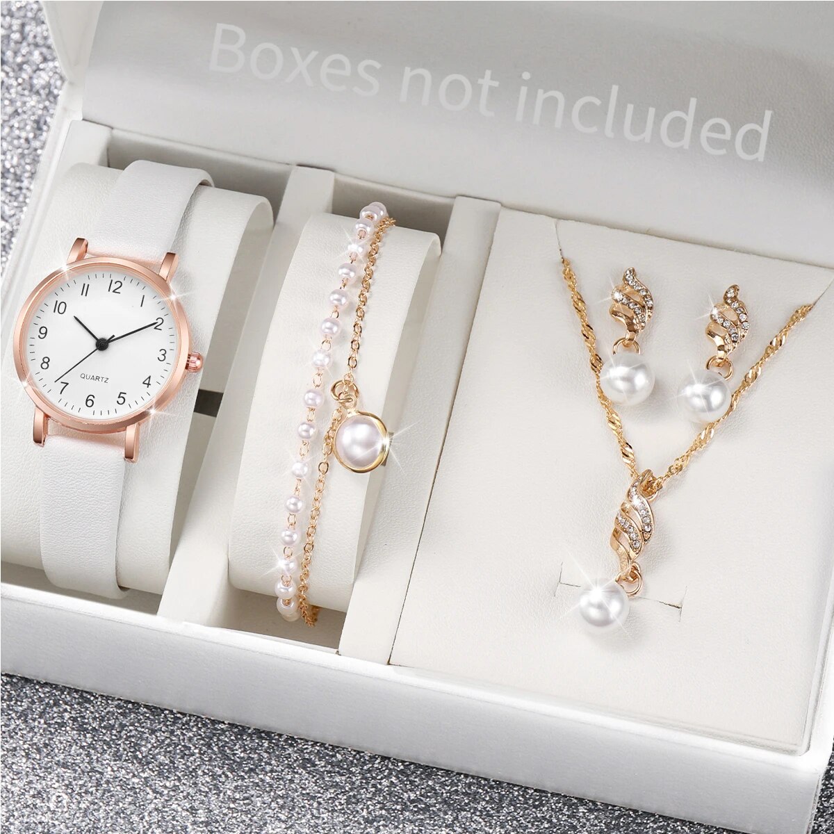 Jewelry Watches For Ladies - Damen Roségold Perlen-Schmuckuhr-Set Weiße Leder-Quarz-Armbanduhr Halskette