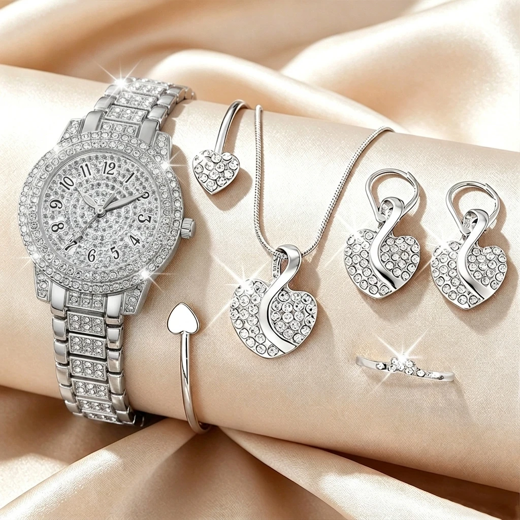 6-teiliges Modisches Strass-Uh – Jewelry Watches For Ladies Bewertung und Preis